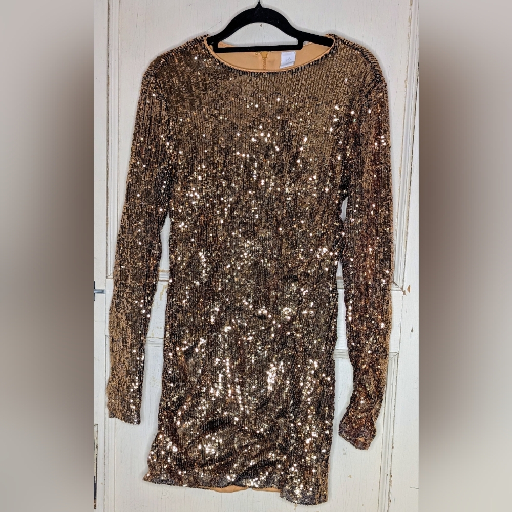 Ale By Alessandra Gold Sequin Long Sleeve Dress